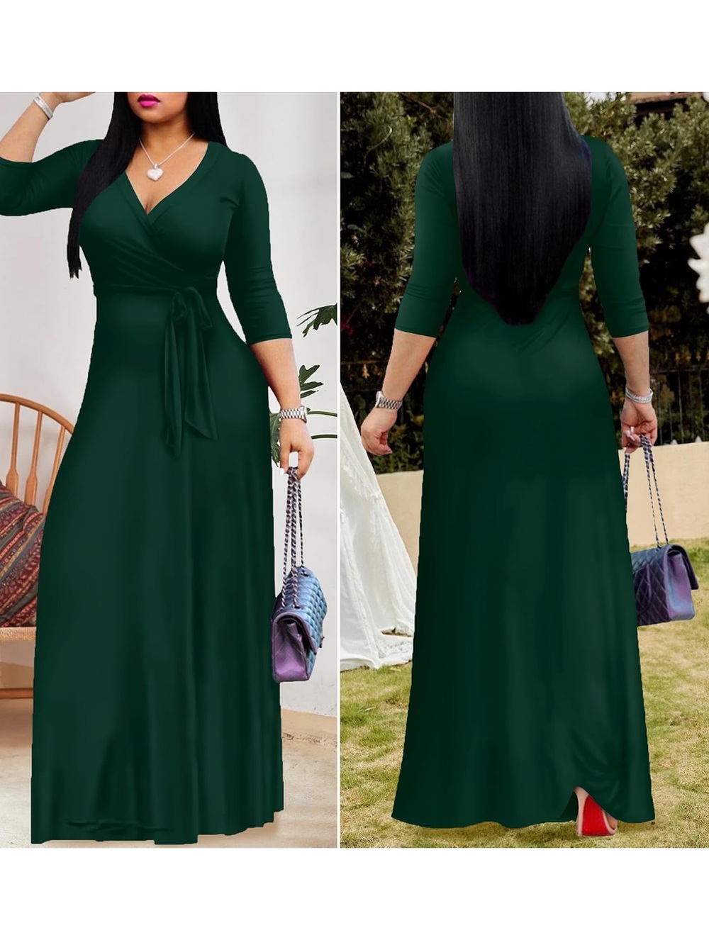 FANDEE Green Maxi Dress 2XL V-Neck Tie Waist 3/4 Sleeve With Pockets